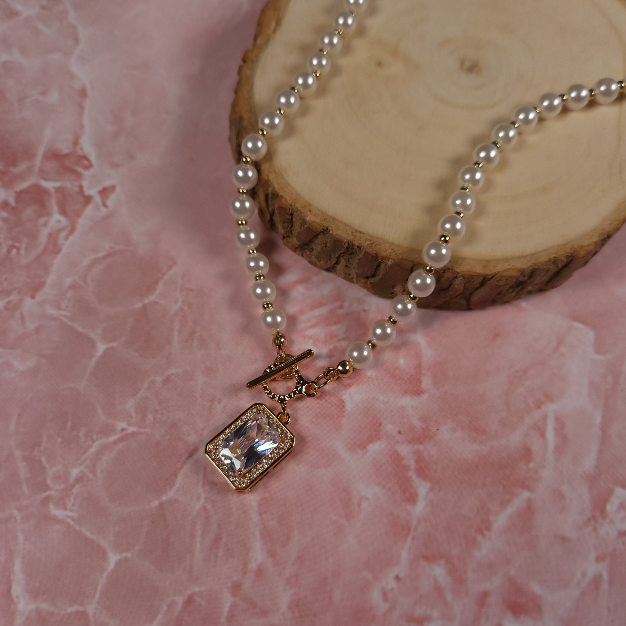 Pearl Elegance Crystal Block Necklace